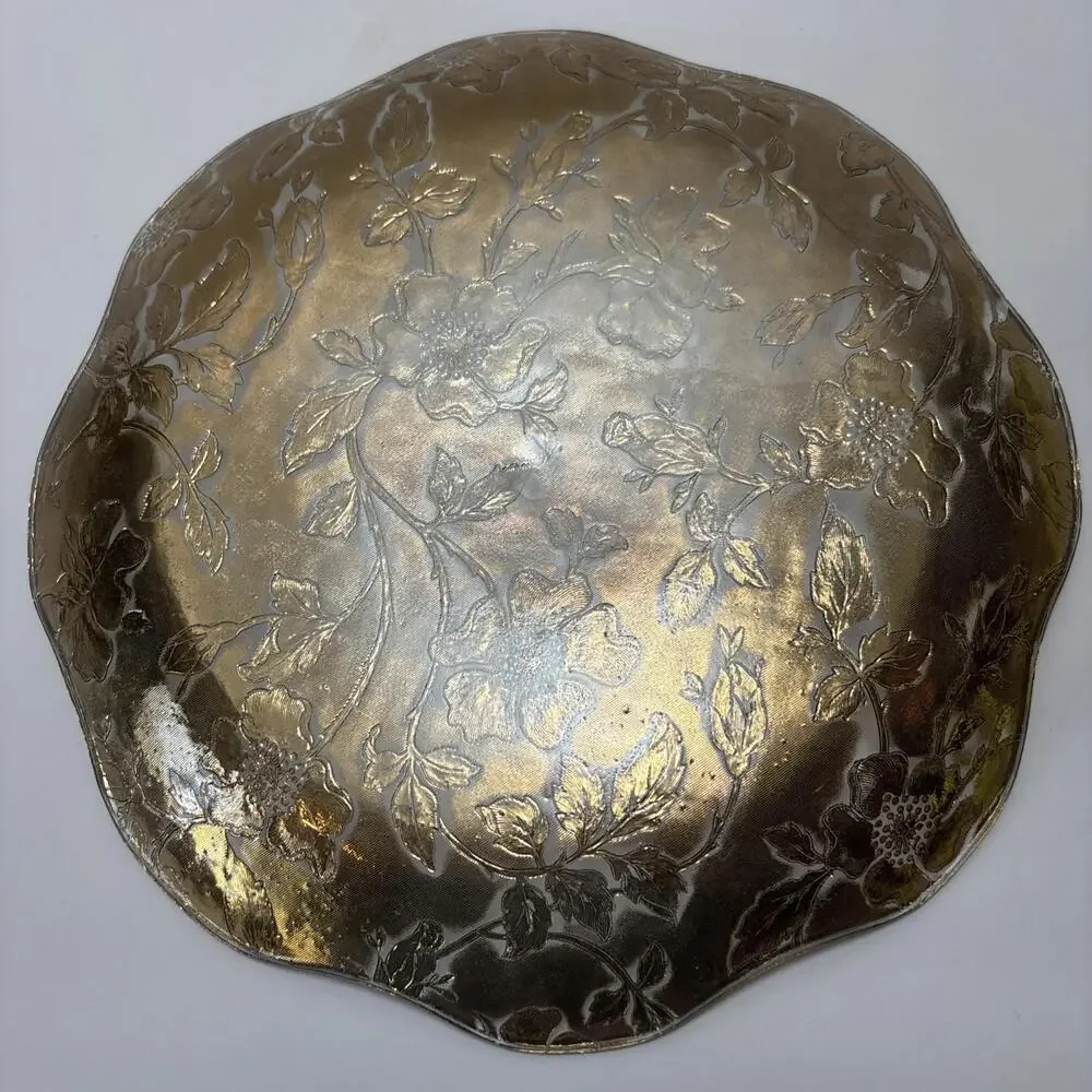 Vintage Etched Glass Plate 11” Gold Floral Scalloped Edge Mid-Century